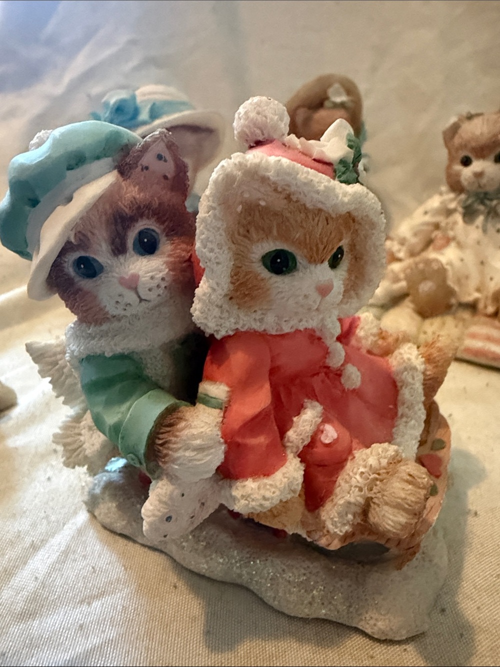 Pair of Cat Figurines in Red & Green Winter Coats